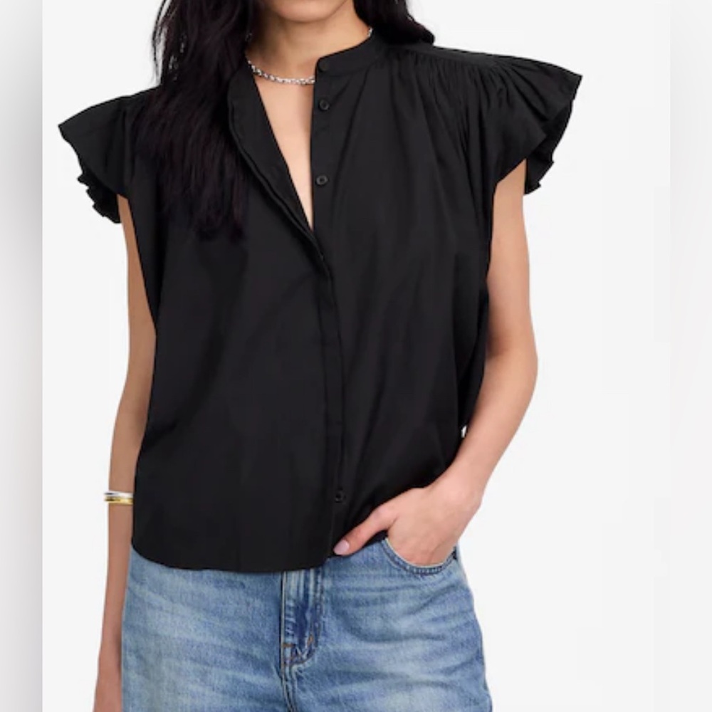 NWT/NWOT Madewell Black Flutter‎ Sleeve Button-Front Poplin Shirt XXS or Small